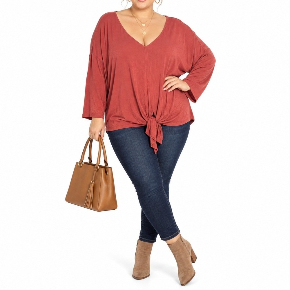 Cupio Tie Front Top Women 2X Red V-Neck Relaxed H1D197W Boho Casual Blouse